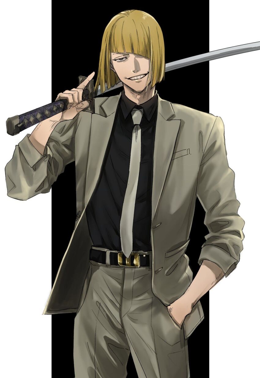 1boy ai_(ai1470) belt bleach blonde_hair blunt_bangs blunt_ends bob_cut cowboy_shot formal_clothes hair_over_one_eye hand_in_pocket highres hirako_shinji holding holding_sword holding_weapon japanese_clothes katana long_sleeves looking_at_viewer male_focus necktie shirt short_hair simple_background sleeves_pushed_up smile solo suit sword teeth third-party_source weapon