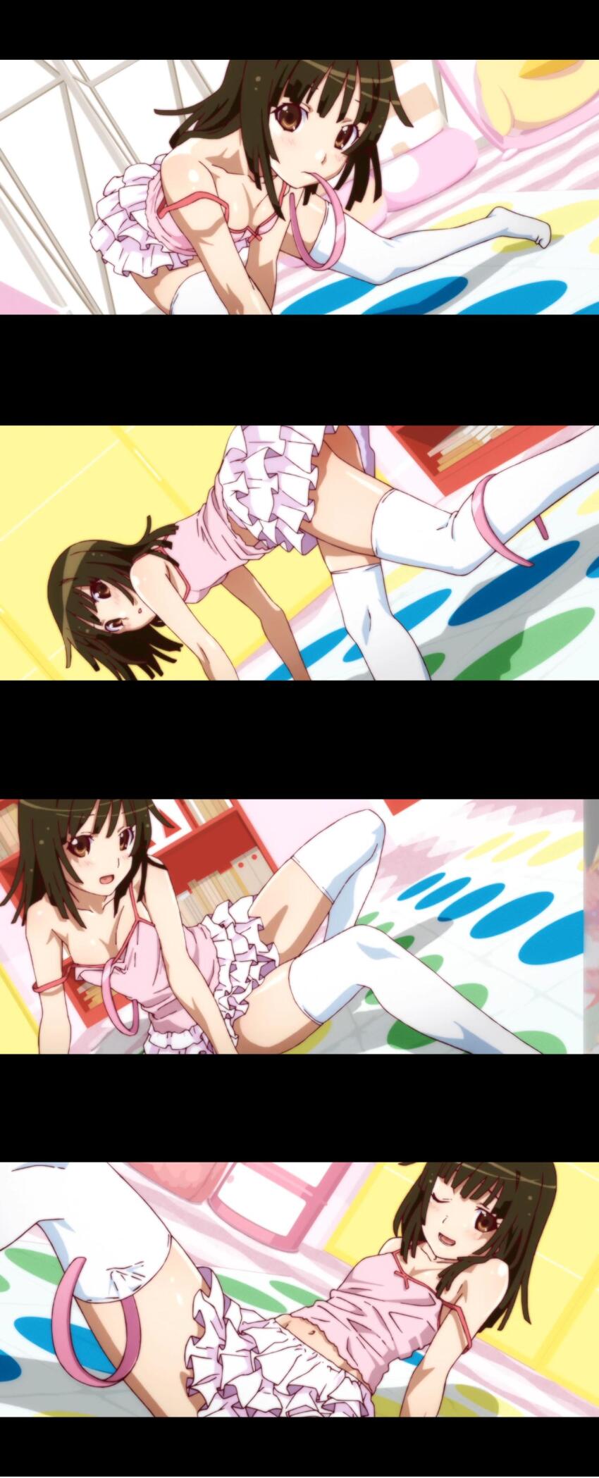 1girl absurdres anime_screenshot ass bakemonogatari bare_shoulders blush breasts brown_eyes brown_hair camisole cleavage collarbone dot_nose female_focus flat_chest hairband highres kneehighs legs looking_at_viewer looking_to_the_side midriff miniskirt monogatari_(series) navel nisemonogatari one_eye_closed open_mouth pink_camisole pink_hairband pink_skirt pleated_skirt sengoku_nadeko short_hair sitting skirt sleeveless small_breasts socks solo solo_focus stitched stomach thighhighs thighs third-party_edit twister_(game) white_thighhighs zettai_ryouiki