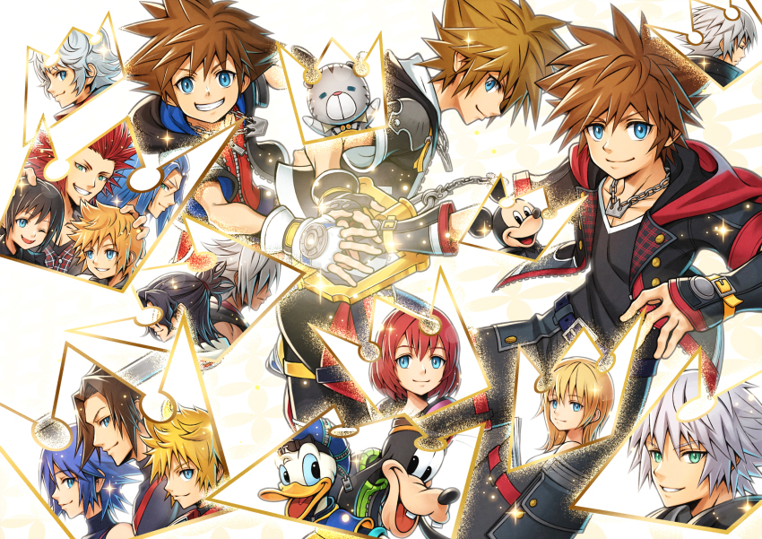 4girls 6+boys aqua_(kingdom_hearts) axel_(kingdom_hearts) back-to-back black_gloves black_hair black_jacket black_pants black_shirt blonde_hair blue_eyes blue_hair blue_hat bodysuit brown_hair chain chain_necklace chirithy closed_mouth commentary crown_necklace donald_duck english_commentary ephemer_(kingdom_hearts) eraqus fingerless_gloves from_behind from_side front-to-back furry furry_male gloves goofy green_eyes grin hand_on_another&#039;s_hand hand_on_another&#039;s_head hat highres holding holding_weapon hood hood_down hooded_jacket jacket jewelry kairi_(kingdom_hearts) keyblade kingdom_hearts kingdom_hearts_i kingdom_hearts_ii kingdom_hearts_iii kingdom_key long_hair looking_at_another looking_at_viewer mickey_mouse mickey_mouse_&amp;_friends multiple_boys multiple_girls multiple_persona namine necklace open_clothes open_jacket open_mouth pants puffy_short_sleeves puffy_sleeves red_bodysuit red_hair riku_(kingdom_hearts) roxas saix shirt sho_(sumika) short_hair short_sleeves sideways_glance smile sora_(kingdom_hearts) spiked_hair terra_(kingdom_hearts) ventus_(kingdom_hearts) weapon white_background white_gloves white_hair xehanort xion_(kingdom_hearts) yellow_hat zipper zipper_pull_tab