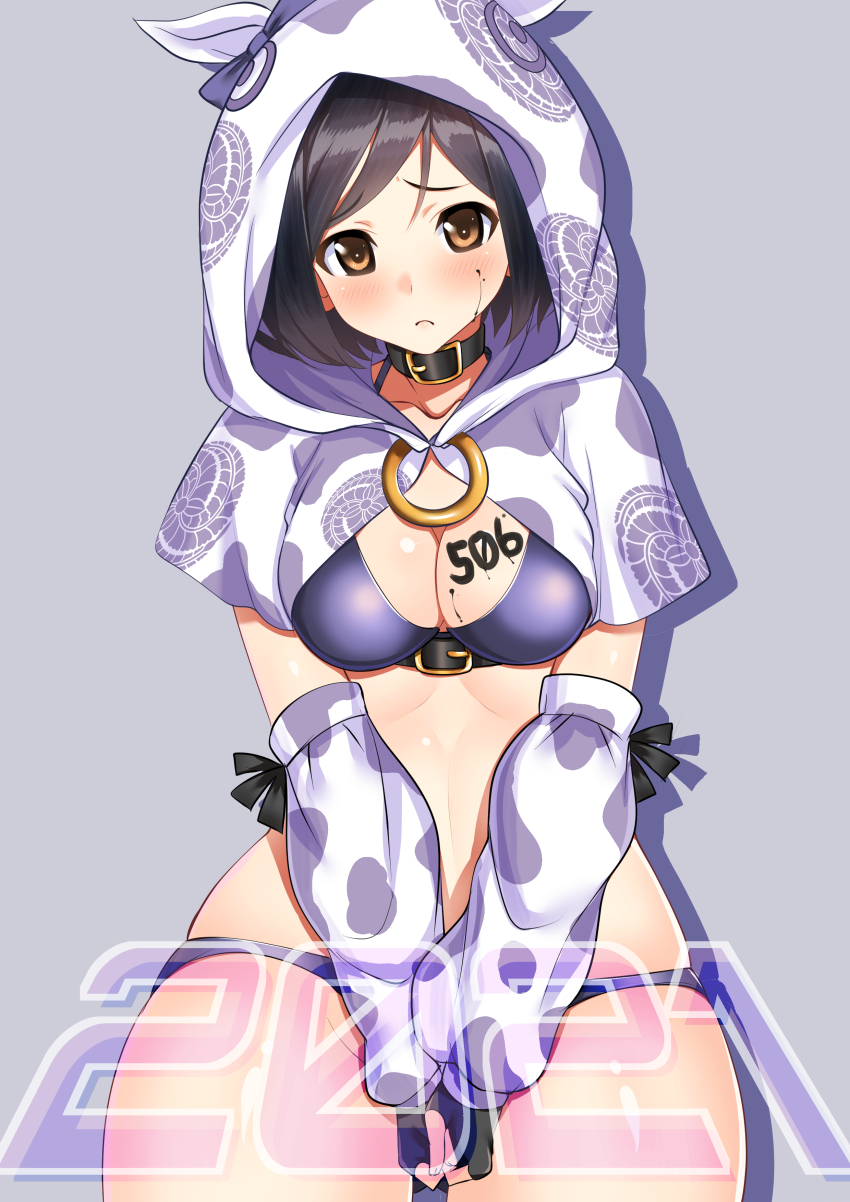 1girl 2021 506th_joint_fighter_wing a9b_(louis814) absurdres animal_collar animal_print black_coat black_gloves black_hair blush breasts brown_eyes cape capelet cleavage closed_mouth coat collar commentary cow_hood cow_print fingerless_gloves frown gloves grey_background highres hood hood_up hooded_capelet kneeling kuroda_kunika looking_at_viewer medium_breasts noble_witches own_hands_together print_capelet print_sleeves short_hair simple_background skirt solo swept_bangs v_arms white_cape white_sleeves world_witches_series