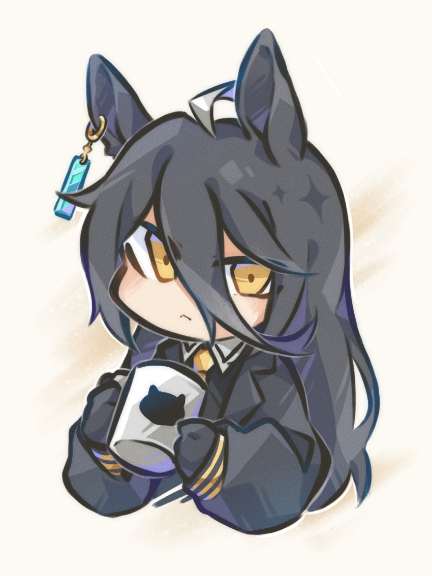 1girl :&lt; ahoge animal_ears animal_print black_coat black_gloves black_shirt cat_print chibi closed_mouth coat collared_shirt cup ear_tag earrings frown furrowed_brow gloves grey_background hands_up highres holding holding_cup horse_ears horse_girl jewelry long_sleeves looking_at_viewer manhattan_cafe_(umamusume) mug multicolored_hair necktie open_clothes open_coat shirt simple_background single_earring solo umamusume white_hair yellow_eyes yellow_necktie yi_-xiv