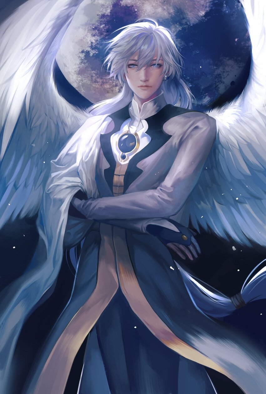1boy angel_wings bishounen brooch cardcaptor_sakura closed_mouth crossed_arms earrings feathered_wings grey_eyes hair_between_eyes highres jewelry oversized_wings long_hair looking_at_viewer male_focus pants robe solo tobu_(bilibil) very_long_hair white_hair white_robe white_wings wings yue_(cardcaptor_sakura)