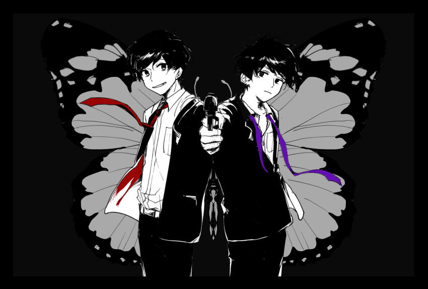 2boys aiming aiming_at_viewer arms_at_sides back-to-back black_background black_eyes black_hair black_pants blazer bug butterfly character_request copyright_request dress_shirt facing_to_the_side formal_clothes grey_butterfly gun hand_on_another&#039;s_shoulder highres holding holding_gun holding_weapon insect jacket looking_at_viewer loose_necktie male_focus multiple_boys necktie novale110 open_clothes open_jacket original outstretched_arms pants partially_colored purple_necktie red_necktie shirt smile spot_color spread_wings unbuttoned unbuttoned_shirt weapon white_shirt