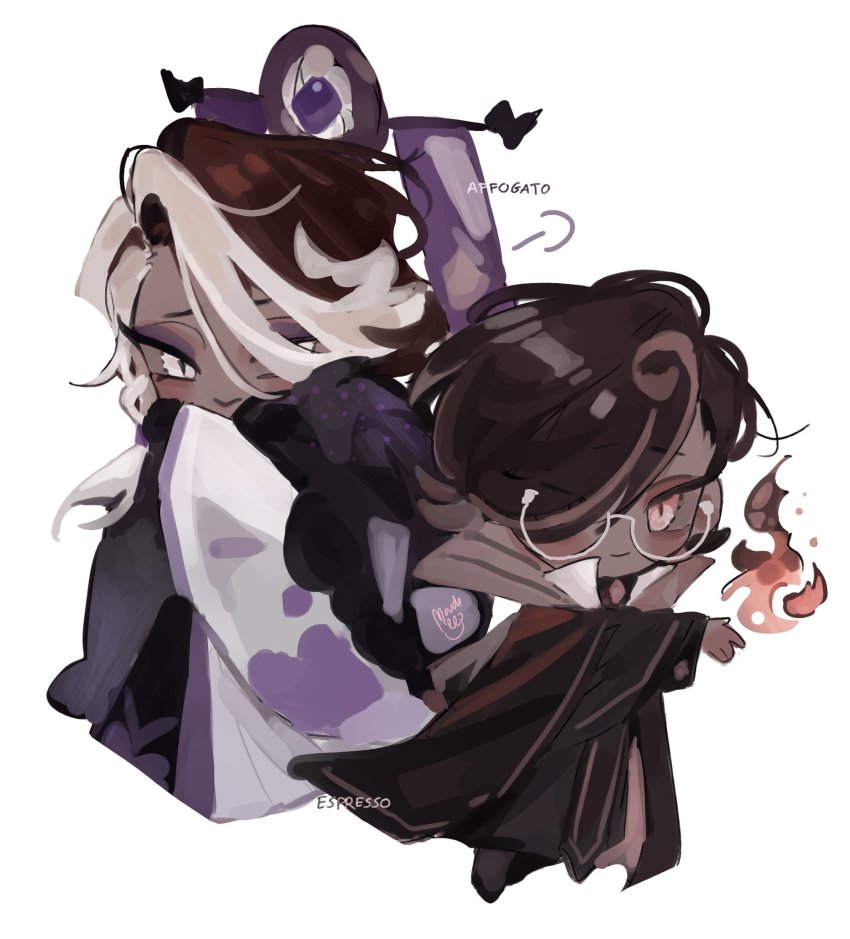 2boys affogato_cookie asymmetrical_bangs black_hair black_robe cape chibi coffee_beans commentary cookie_run cookie_run:_kingdom dark-skinned_male dark_skin espresso_cookie eyeshadow grey_eyes highres humanization korean_clothes long_hair makeup multicolored_hair multiple_boys necktie one_eye_covered pink_eyes robe round_eyewear short_hair simple_background two-tone_hair white_background
