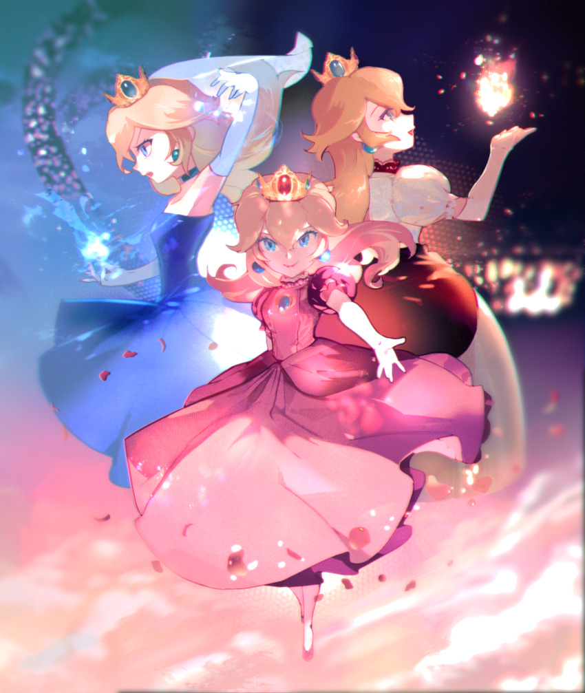 1girl blonde_hair blue_dress blue_eyes bridal_veil choker commentary_request crown dress earrings elbow_gloves fire_peach fireball gloves highres higuchi_megumi jewelry lipstick looking_at_viewer makeup mario_(series) multiple_views nintendo outstretched_arm petals pink_dress pink_shoes princess_peach shoes the_super_mario_bros._movie veil white_dress white_gloves