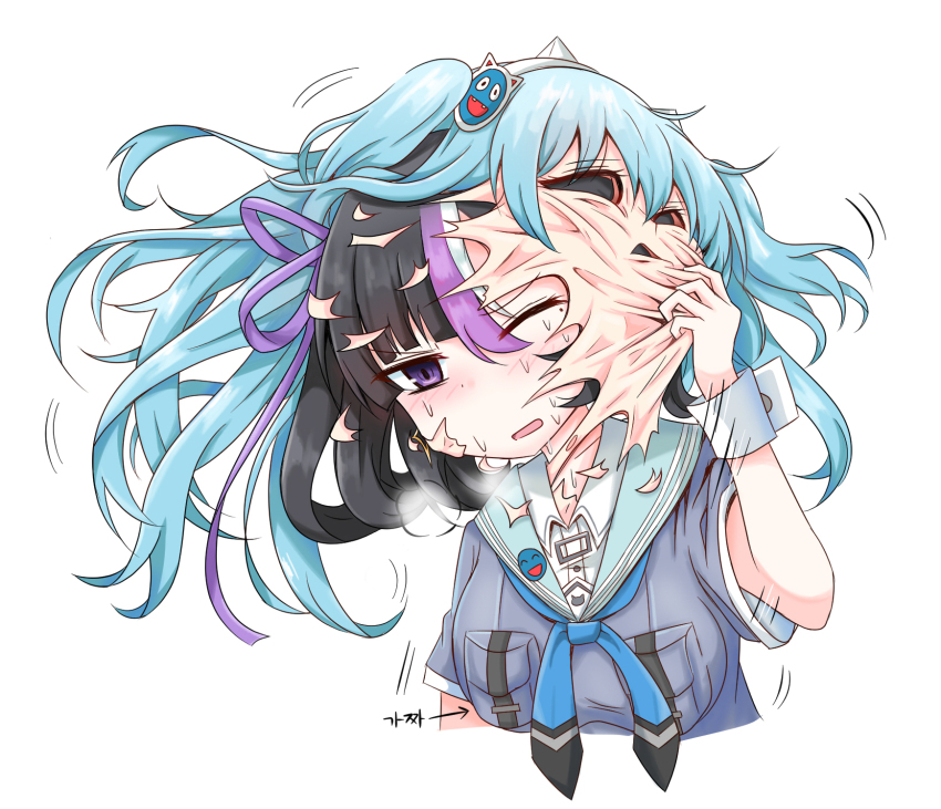 1girl animal_ear_headphones animal_ears black_hair blue_hair blush breasts cosplay cyberdemon_no3 disguise dress fake_animal_ears goddess_of_victory:_nikke hair_ornament hair_ribbon headphones headset headset_removed highres long_hair looking_at_viewer mole mole_under_eye multicolored_hair neckerchief open_mouth purple_eyes purple_hair purple_ribbon removing_mask ribbon shifty_(nikke) shifty_(nikke)_(cosplay) shirt short_hair short_sidetail short_sleeves simple_background skinsuit skirt solo streaked_hair syuen_(nikke) white_background wrist_cuffs