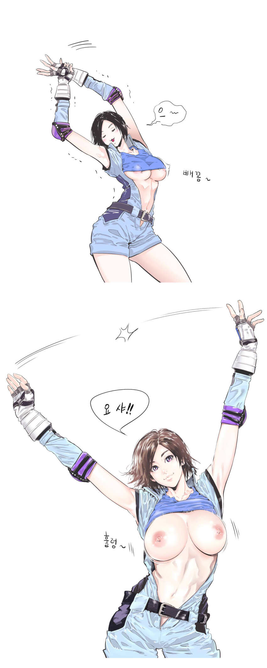 1girl absurdres breasts breasts_out brown_hair highres kazama_asuka large_breasts purple_eyes short_hair tekken wardrobe_malfunction yhmk7448