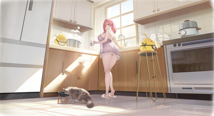1girl absurdres apron artist_request ass azur_lane babydoll back bare_back bare_shoulders blue_eyes blush breasts cabinet cat cup dress faucet from_behind full_body green_eyes highres holding holding_cup holding_spoon indoors kazan_(azur_lane) kazan_(the_warm_morning_sunshine)_(azur_lane) kitchen large_breasts long_hair looking_at_viewer manjuu_(azur_lane) nightgown non-web_source official_alternate_costume official_art oven pink_hair pink_nightgown see-through_clothes see-through_dress sideboob sink slippers smile solo spoon stool strap_slip sunlight thighs tile_floor tile_wall tiles window
