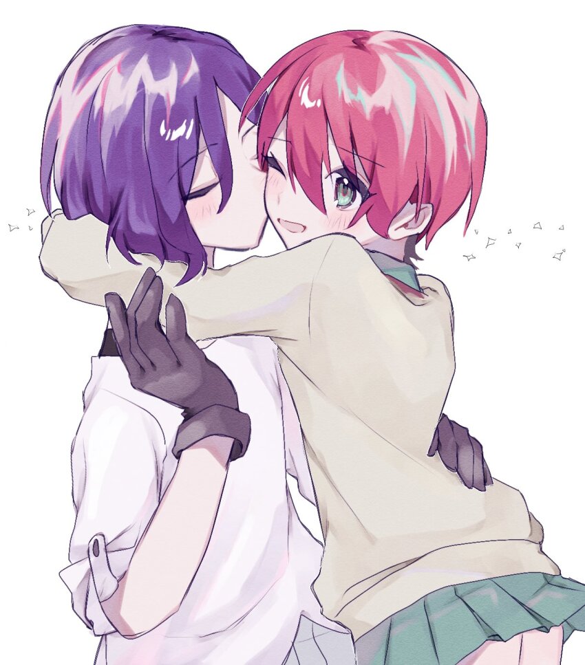 1boy 1girl amate_yuzuriha aqua_eyes blue_hair blush closed_eyes collared_shirt commentary gloves gttl0l7hl667579 gundam gundam_gquuuuuux hetero highres hug kiss kissing_cheek necktie red_hair school_uniform shirt short_hair shuji_ito skirt smile sweater white_background