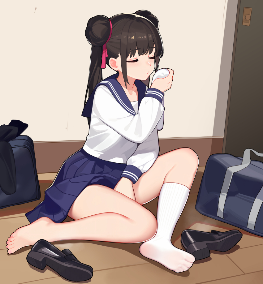 1girl absurdres barefoot black_hair blue_sailor_collar blue_skirt closed_eyes double_bun feet female_masturbation hair_bun highres holding_sock long_hair long_sleeves masturbation mirrorya no_shoes original sailor_collar school_uniform serafuku shoes skirt smell smelling socks soles unworn_socks white_socks
