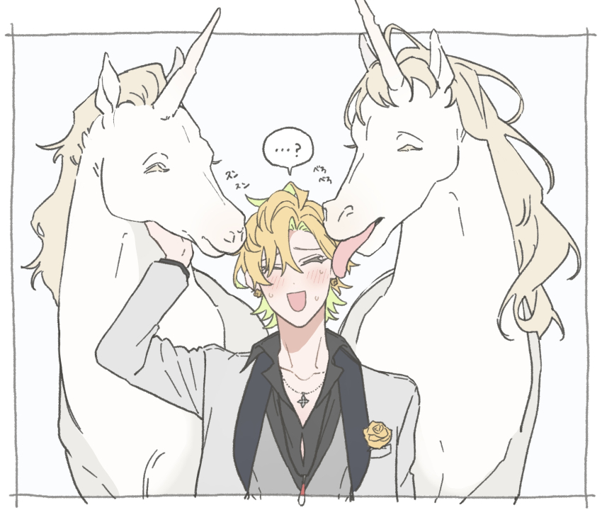 ...? 1boy :d ^_^ ahoge black_shirt blonde_hair closed_eyes collared_shirt curtained_hair furrowed_brow grey_jacket highres horns horse hypnosis_mic izanami_hifumi jacket jewelry lapels licking licking_another&#039;s_face multiple_necklaces necklace nervous_smile nervous_sweating open_mouth outside_border petting shawl_lapels shirt short_hair single_horn smile suit_jacket sweat unicorn upper_body user_dyry3447