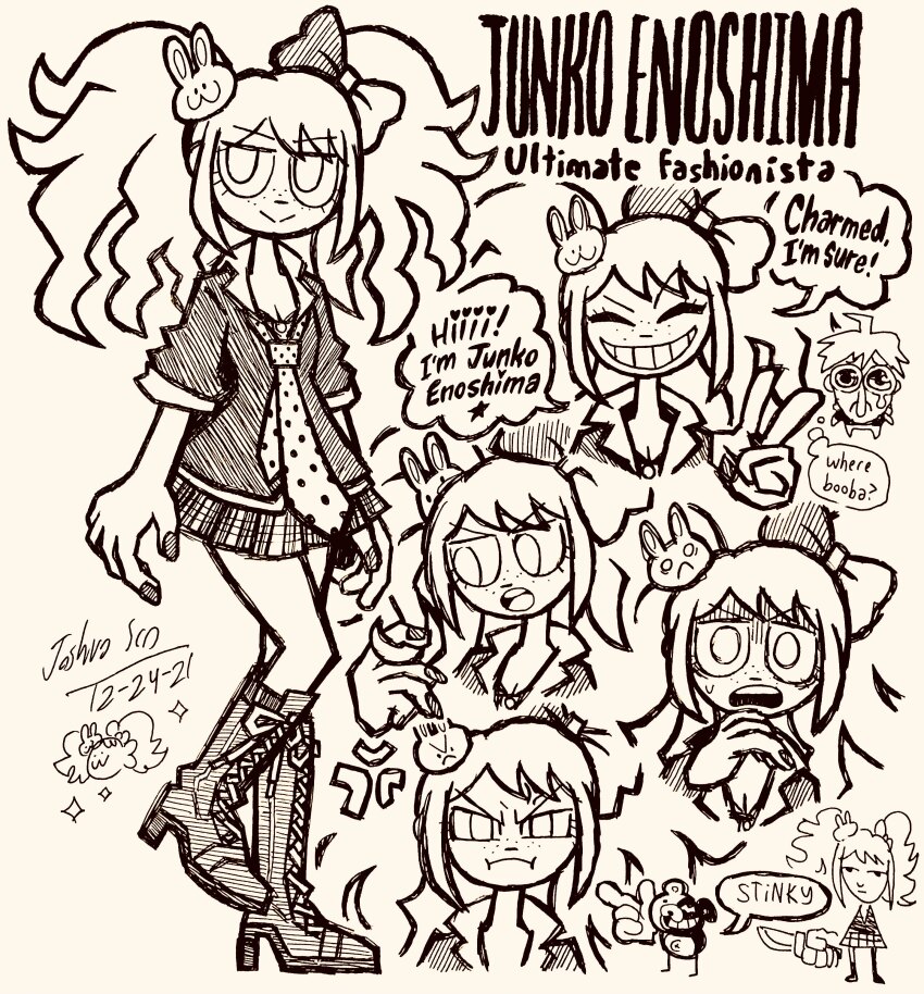 1boy 1girl :&gt; :o absurdres anger_vein boots bow closed_eyes closed_mouth cosplay danganronpa:_trigger_happy_havoc danganronpa_(series) dated enoshima_junko enoshima_junko_(cosplay) eyelashes freckles greyscale grin hair_bow hair_ornament high_heel_boots high_heels highres holding holding_knife ikusaba_mukuro josh-s26 knife long_hair miniskirt monochrome monokuma multiple_views naegi_makoto nail_polish necktie open_mouth pointing pout rabbit_hair_ornament shirt short_sleeves skirt smile speech_bubble teeth thought_bubble twintails upper_teeth_only v v-shaped_eyebrows