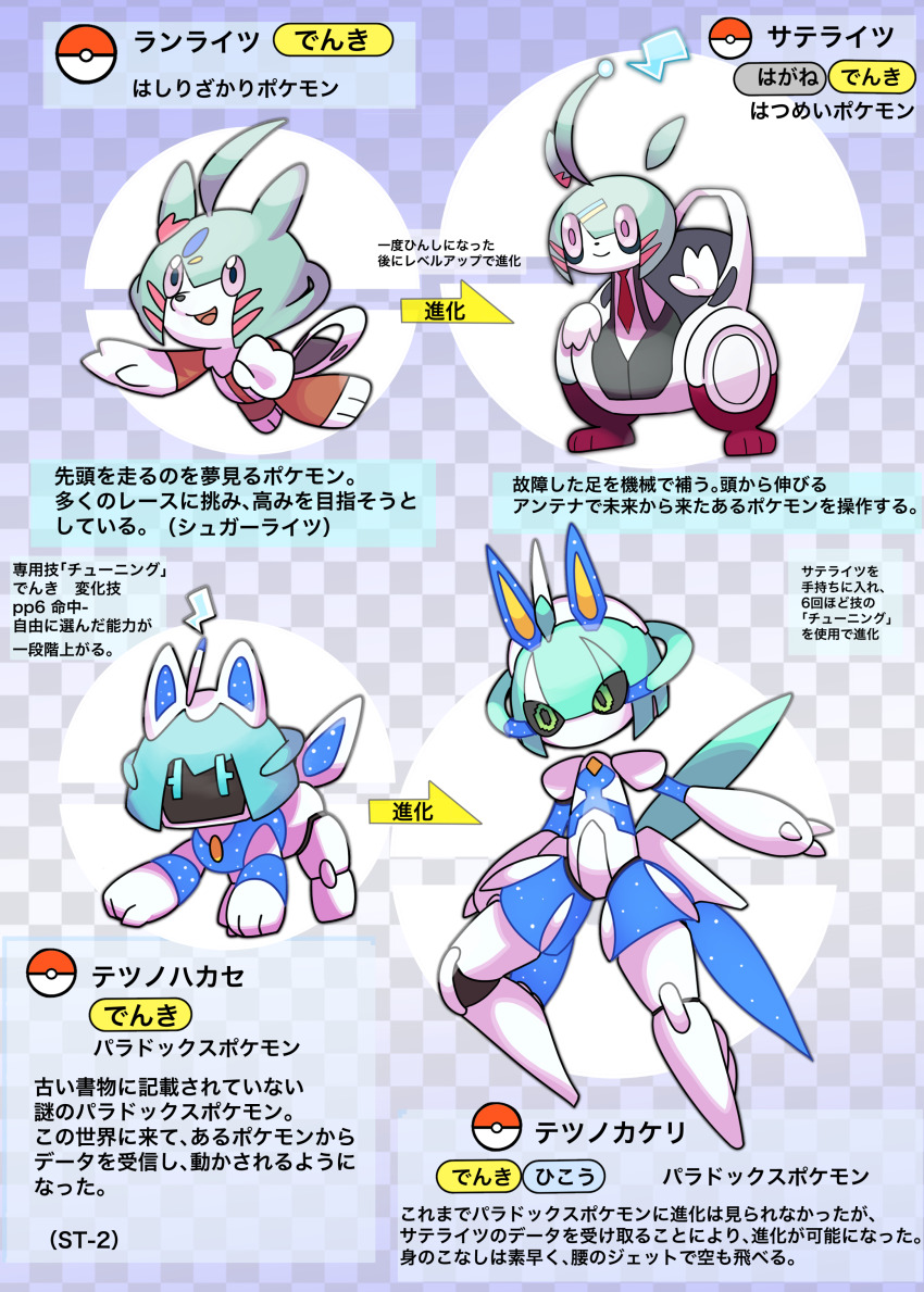 4others absurdres character_name evolutionary_line fakemon game_freak green_eyes highres katwo mecha_umamusume_st-2_(umamusume) multiple_others nintendo no_humans official_style parody poke_ball poke_ball_(basic) pokemon pokemon_(creature) purple_eyes style_parody sugar_lights_(umamusume) umamusume