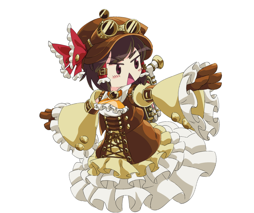 1girl alternate_costume ascot backpack bag blush bow brown_brooch brown_eyes brown_gloves brown_hair brown_hat brown_skirt brown_vest cabbie_hat collared_shirt commentary_request cookie_(touhou) detached_sleeves frilled_ascot frilled_sleeves frills full_body gloves goggles goggles_on_headwear hair_tubes hakurei_reimu hat hat_bow highres looking_afar looking_to_the_side open_mouth red_bow sakenomi_(cookie) shirt short_hair simple_background skirt solo steampunk touhou triangle_mouth ukiwagirl v-shaped_eyes vest white_background white_shirt wide_sleeves yellow_sleeves