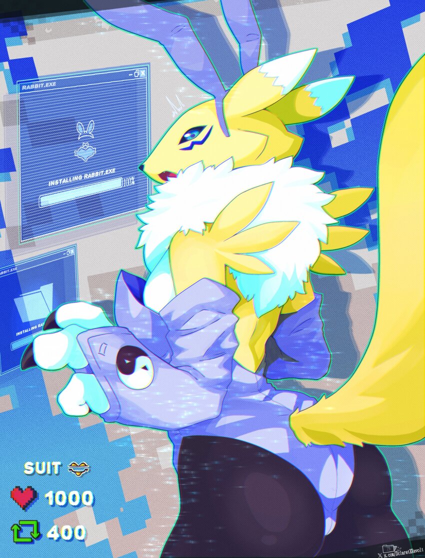 1girl absurdres animal_ears black_pantyhose black_sclera blue_eyes body_fur colored_sclera cowboy_shot dclaret digimon digimon_(creature) fake_animal_ears furry furry_female highres kitsune leotard pantyhose playboy_bunny purple_leotard rabbit_ears renamon solo twitter_strip_game_parody yellow_fur
