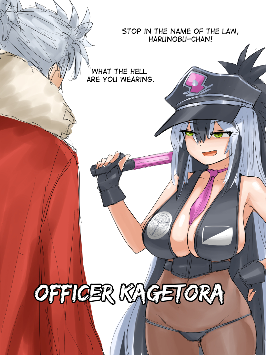 1boy 1girl absurdres bikini black_bikini black_gloves black_hair breasts character_request fate/grand_order fate_(series) gloves green_eyes hat highres long_hair multicolored_hair nagao_kagetora_(fate) necktie police_hat sessyoin_kiara sessyoin_kiara_(swimsuit_mooncancer)_(second_ascension) steamingtofu swimsuit takeda_shingen_(fate) traffic_baton two-tone_hair white_hair