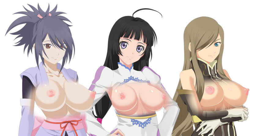 3girls black_hair breasts brown_hair fujibayashi_sheena kohaku_hearts large_breasts looking_at_viewer mamold_duck multiple_girls nipples simple_background tagme tales_of_(series) tales_of_hearts tales_of_symphonia tales_of_the_abyss tear_grants white_background