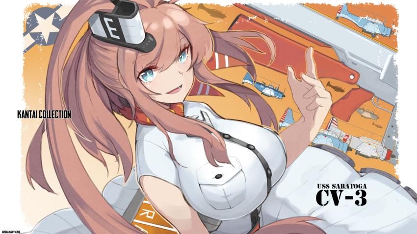 10s 1girl :d aosora_kamiya arm_at_side breast_pocket breasts character_name copyright_name dress dutch_angle female_focus flight_deck hair_between_eyes high_side_ponytail huge_breasts impossible_clothes kantai_collection long_hair looking_at_viewer md5_mismatch open_mouth pocket saratoga_(kancolle) sbd_dauntless short_sleeves side_ponytail skirt smile smokestack solo striped_clothes striped_skirt tsurime upper_body vertical-striped_clothes vertical-striped_skirt white_dress