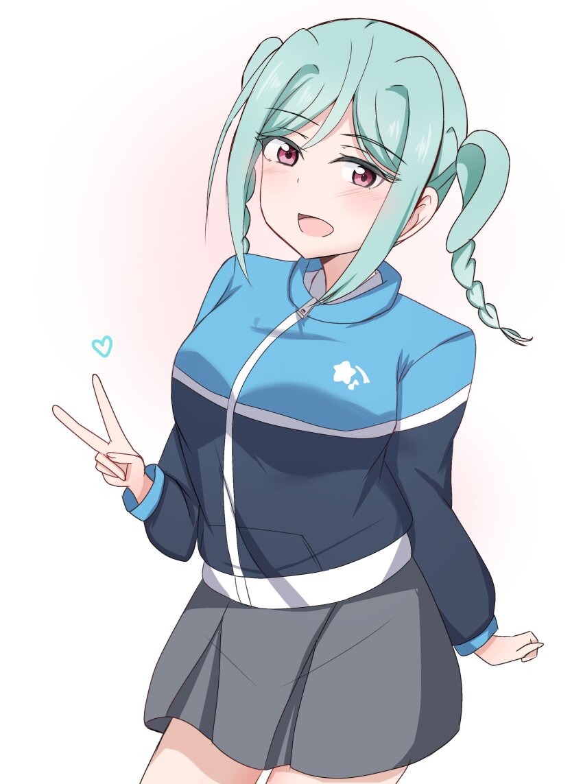 1girl absurdres blue_jacket braid breasts commentary_request cowboy_shot grey_skirt hair_intakes heart highres jacket large_breasts long_sleeves looking_at_viewer love_live! love_live!_superstar!! matcha_moti_(matcha_427) miniskirt onitsuka_tomari pink_eyes pleated_skirt school_uniform sidelocks skirt solo track_jacket twin_braids v winter_uniform yuigaoka_school_uniform