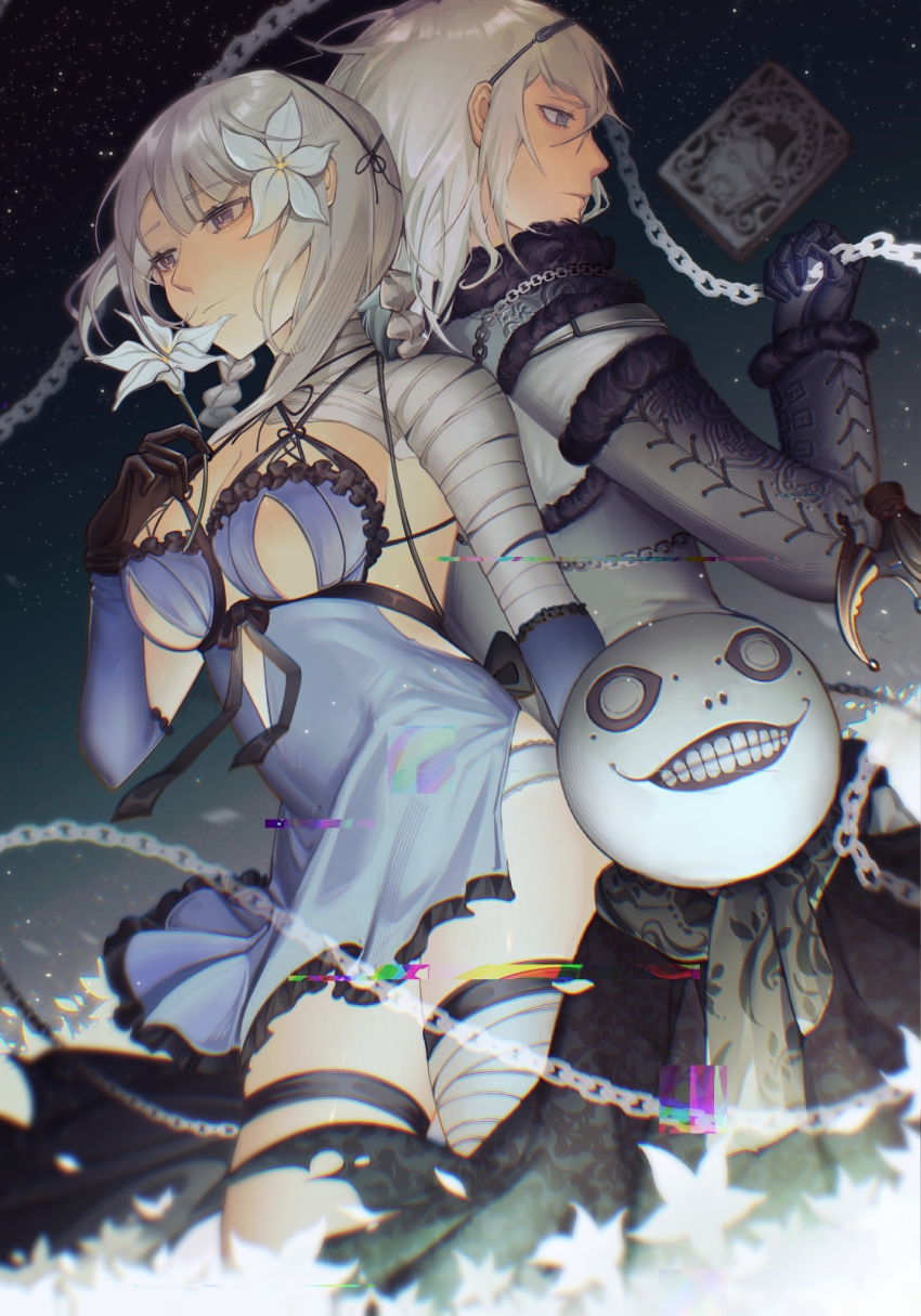 1girl 1other 2boys absurdres ajiu_(ajiuyaa) asymmetrical_legwear back-to-back backless_outfit bandaged_arm bandaged_leg bandaged_neck bandages black_cloak black_gloves blue_eyes blue_negligee blue_sleeves book braid braided_hair_rings breasts center_opening chain chinese_commentary chromatic_aberration cleavage cloak clothing_cutout commentary cowboy_shot dress dress_ribbon elbow_sleeve emil_(nier) field floating flower flower_field frilled_dress frilled_panties frills fur-trimmed_sleeves fur-trimmed_vest fur_trim glitch gloves glowing_flower green_scarf grey_eyes grey_sleeves grey_undershirt grey_vest grimoire grimoire_weiss hair_flower hair_ornament hair_rings hairband halterneck hand_up highres holding holding_chain holding_flower kaine_(nier) lunar_tear mask medium_breasts medium_hair mismatched_legwear multiple_boys nier nier_(brother) nier_(series) night night_sky panties print_cloak print_scarf print_sleeves print_vest profile scarf single_bare_shoulder sky star_(sky) underboob underboob_cutout underwear vest white_flower white_hair white_panties