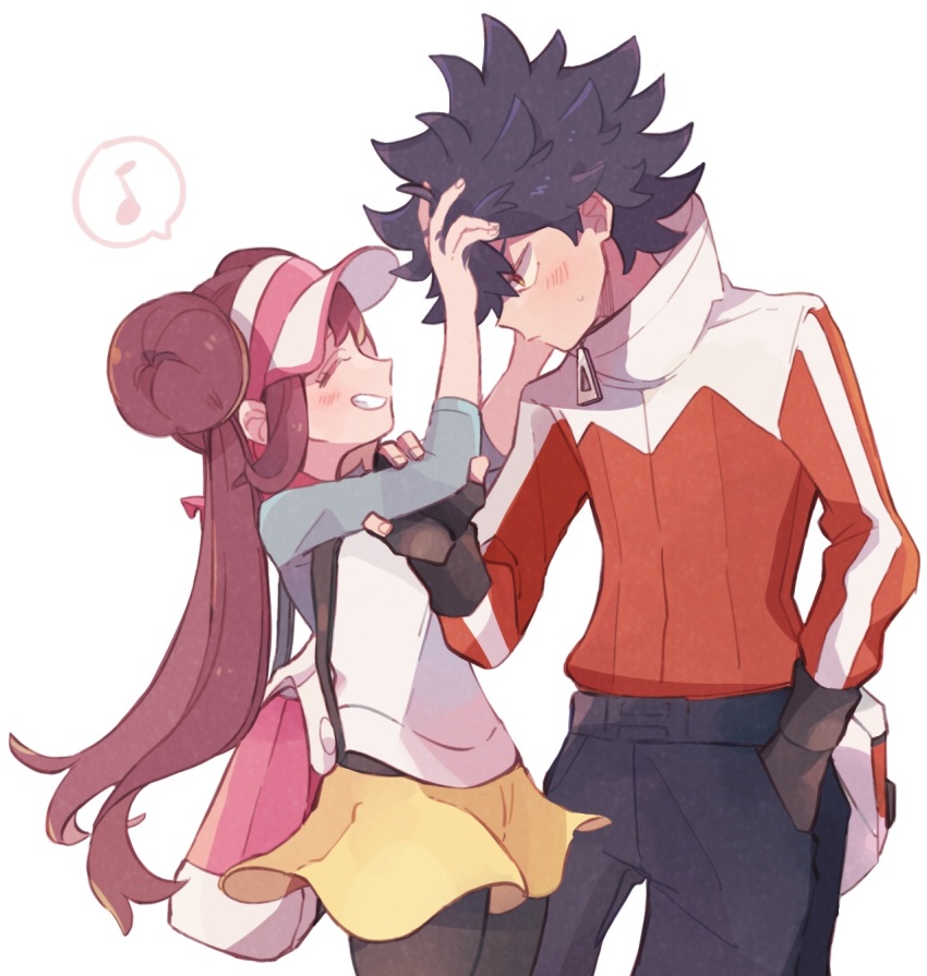 1boy 1girl arm_grab bag black_gloves black_hair blush closed_eyes closed_mouth commentary_request donut_hair_bun double_bun eyelashes fingerless_gloves gloves grin hair_bun hand_in_pocket highres hugh_(pokemon) jacket looking_at_another misha_(ohds101) musical_note nintendo pants pantyhose pantyhose_under_shorts pokemon pokemon_bw2 raglan_sleeves rosa_(pokemon) shirt shorts sidelocks smile spiked_hair spoken_musical_note sweatdrop teeth three-quarter_sleeves twintails visor_cap yellow_shorts zipper_pull_tab
