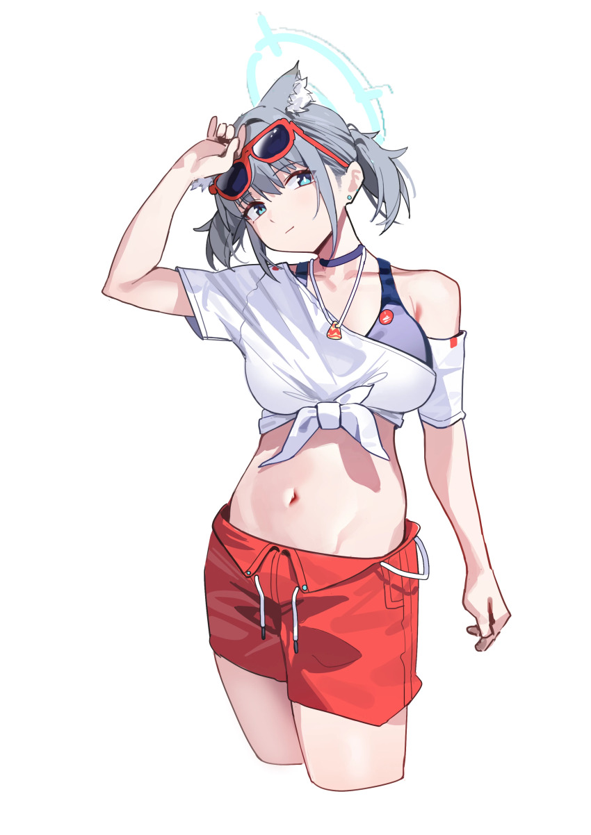 1girl absurdres animal_ear_fluff animal_ears armband blue_archive blue_eyes blue_hair blue_halo breasts closed_mouth commentary_request cross detached_sleeves extra_ears eyewear_on_head grey_hair halo highres huolongcao inverted_cross medium_breasts midriff mismatched_pupils navel official_alternate_costume official_alternate_hairstyle pizza_hut red-framed_eyewear red_shorts shiroko_(blue_archive) shiroko_(pizza_hut)_(blue_archive) shirt short_hair shorts simple_background single-shoulder_shirt single_bare_shoulder single_detached_sleeve solo stomach thighs tied_shirt white_armband white_background wolf_ears wolf_girl