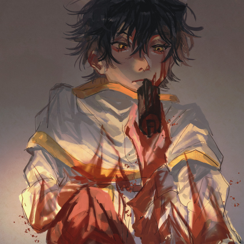2boys aiming bags_under_eyes black_hair blood blood_on_face blood_on_hands capelet chinese_commentary closed_mouth coat commentary_request downturned_eyes expressionless eyelashes eyestotheskies grey_background gun hand_on_own_knee handgun highres holding holding_gun holding_weapon jabuchi_you kanou_aogu knee_up light_frown long_sleeves male_focus messy_hair multiple_boys pants pov red_pants saibou_shinkyoku short_hair simple_background solo_focus weapon white_capelet white_coat yellow_eyes