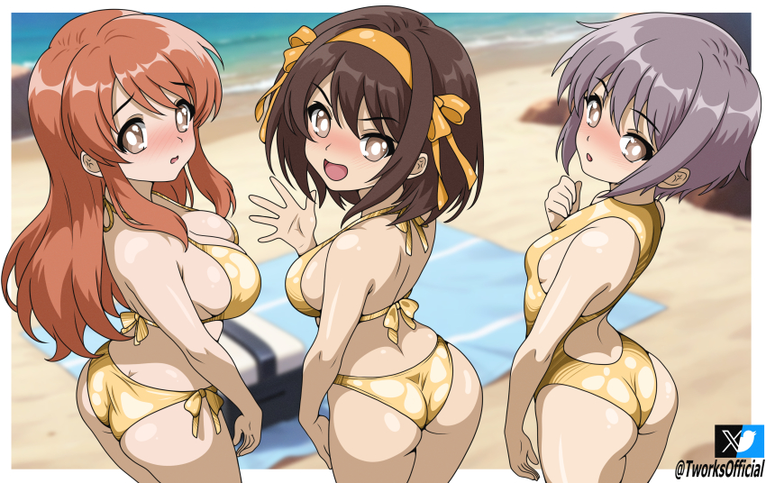 3girls arm_at_side asahina_mikuru ass back bikini breasts brown_eyes brown_hair cleavage ears from_above from_behind golden_week grey_hair hair_ribbon hairband hand_up happy long_hair long_sidelocks looking_at_viewer looking_back medium_hair multiple_girls nagato_yuki one-piece_swimsuit open_mouth orange_hair ribbon short_hair shy sideboob sidelocks suzumiya_haruhi_no_yuuutsu swept_bangs swimsuit t-works