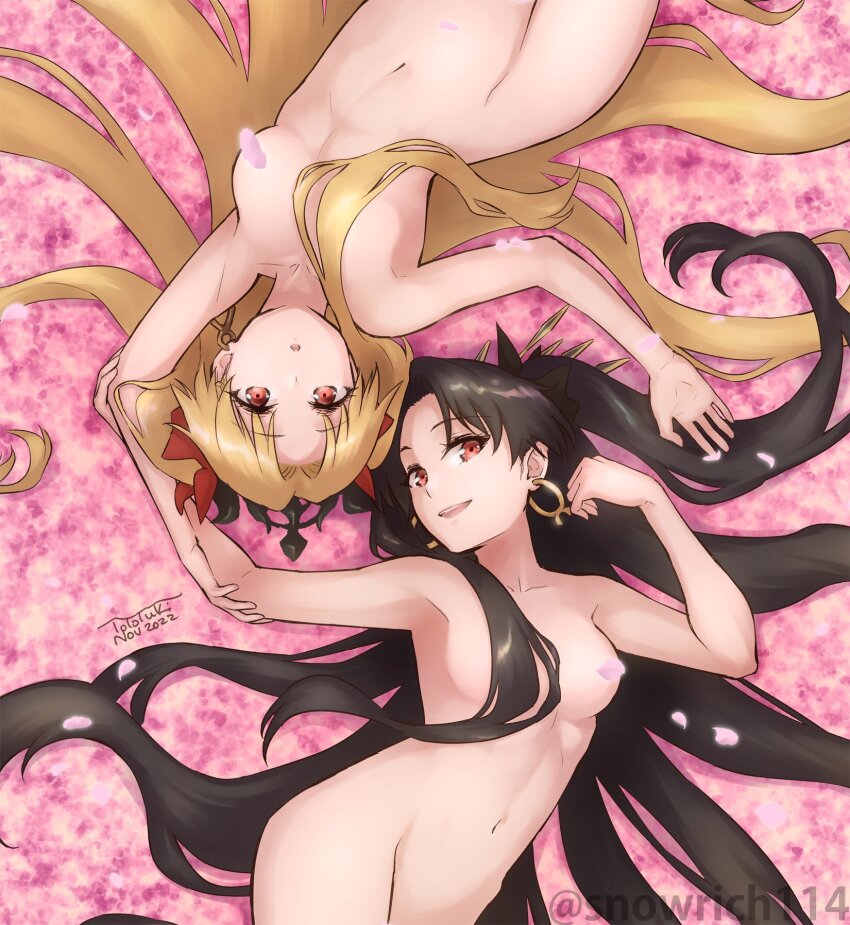 2girls artist_name black_hair breasts censored_nipples collarbone completely_nude crown earrings ereshkigal_(fate) fate/grand_order fate_(series) groin highres hoop_earrings ishtar_(fate) jewelry long_hair looking_at_viewer medium_breasts multiple_girls navel nude petal_censor petals red_eyes siblings sisters snowrich114 stomach thighs very_long_hair