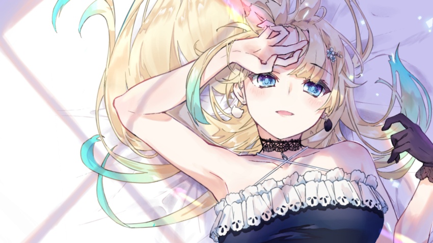 1girl aizawa_ema aizawa_ema_(1st_costume) armpits bare_shoulders black_gloves blonde_hair blue_dress blue_eyes bossun_(laetus) cat_earrings choker collarbone criss-cross_halter dress earrings flower_hairpin gloves gradient_hair halter_dress halterneck hand_over_face highres jewelry lace lace-trimmed_gloves lace_choker lace_trim long_hair lying messy_hair mismatched_earrings multicolored_hair on_back open_mouth pendant_choker single_glove sleeveless sleeveless_dress solo virtual_youtuber vspo!