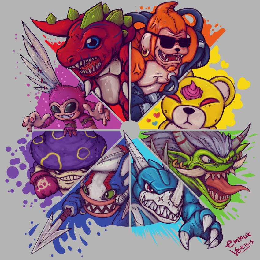 digimon digimon_(creature) etemon etemon_chaos hangyomon highres lance monzaemon mushmon open_mouth orgemon picklemon polearm sharp_teeth teeth tyranomon v-dramon weapon