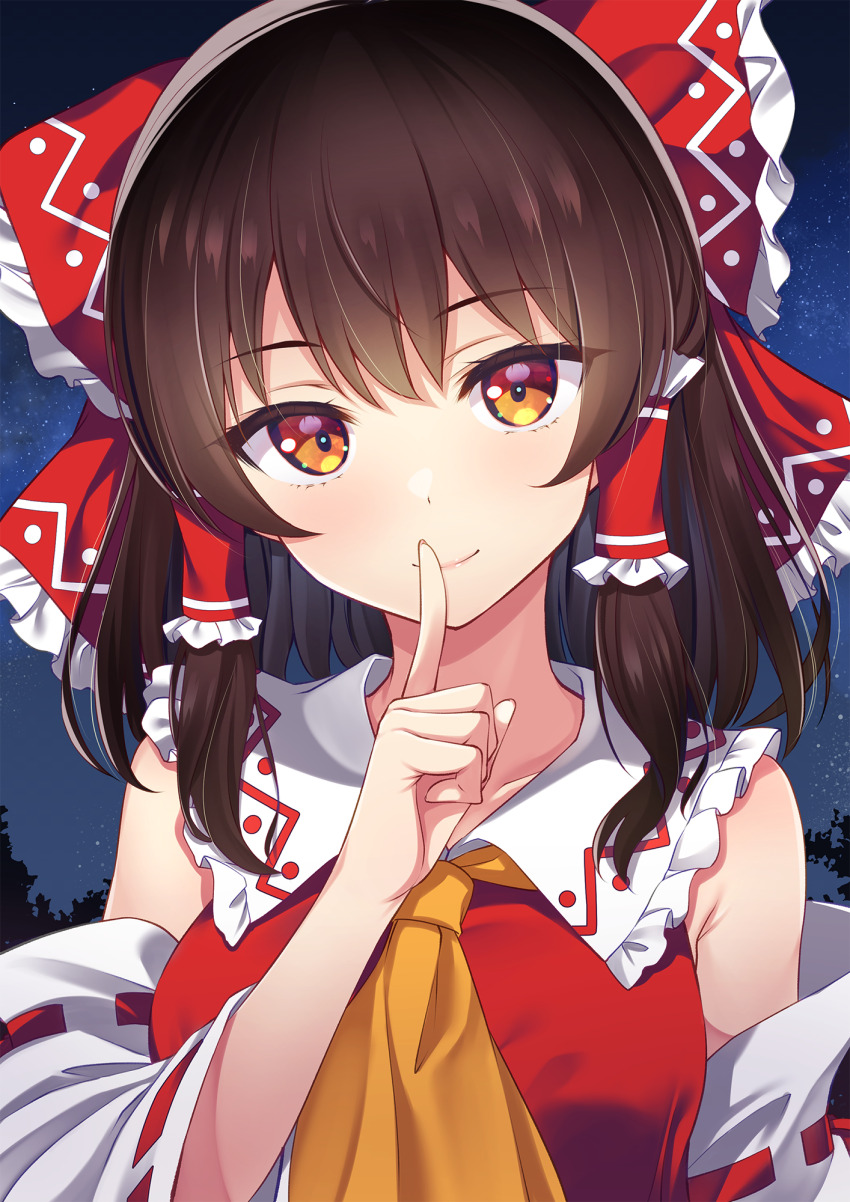 1girl ascot bare_shoulders bow brown_eyes brown_hair closed_mouth collarbone detached_sleeves hair_between_eyes hair_bow hair_tubes hakurei_reimu highres index_finger_raised japanese_clothes long_hair looking_at_viewer murasaki_atsushi nontraditional_miko orange_ascot red_bow ribbon-trimmed_sleeves ribbon_trim sidelocks smile solo touhou upper_body white_sleeves wide_sleeves