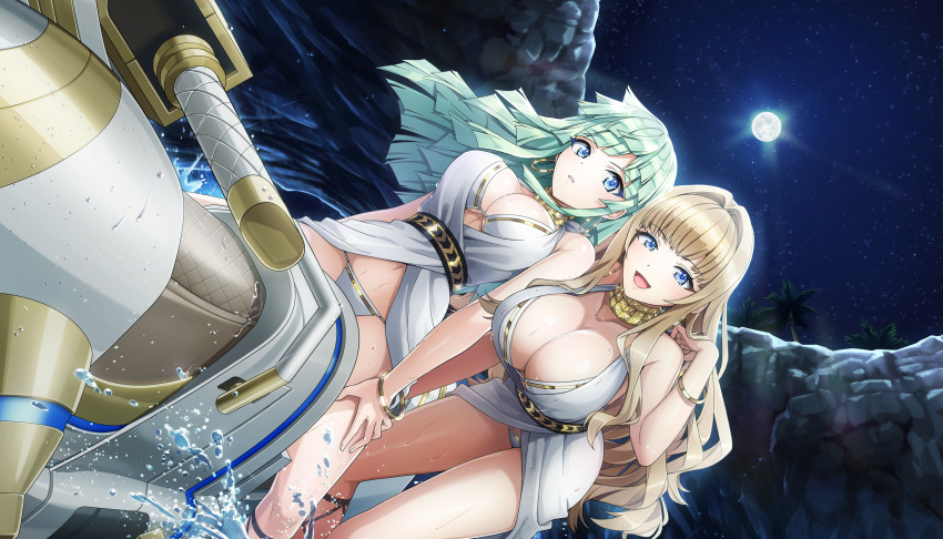 2girls :d adjusting_hair bikini blonde_hair blue_eyes bracelet breasts cleavage diagonal_bangs dolphin_wave earrings full_moon game_cg gold_bracelet gold_choker gold_trim green_hair hair_intakes hand_on_own_thigh highres hoop_earrings huge_breasts jet_ski jewelry kirahoshi_kanna kishimen_hair large_breasts long_hair looking_at_another looking_at_viewer moon multiple_girls navel night night_sky non-web_source official_alternate_costume official_art on_jet_ski ootomo_takuji open_mouth palm_tree robe rock selena_lewis sky smile splashing star_(sky) starry_sky straddling studded_choker swimsuit tree water watercraft wavy_hair wet white_bikini white_robe