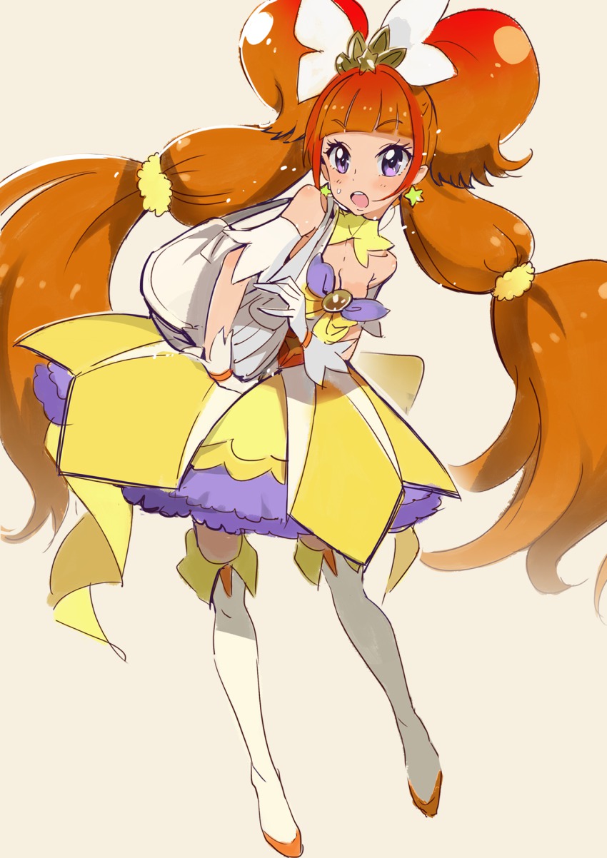 1girl amanogawa_kirara bare_shoulders boots breasts cleavage cure_twinkle earrings female_focus go!_princess_precure highres jewelry mebae orange_hair precure purple_eyes red_hair skirt small_breasts solo star_(symbol) star_earrings thigh_boots thighhighs white_boots white_thighhighs