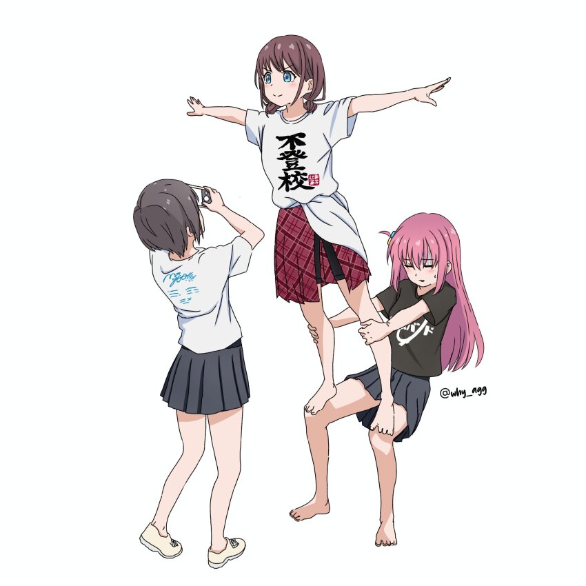 3girls a_whydc bang_dream! bang_dream!_it&#039;s_mygo!!!!! barefoot black_shirt black_skirt blue_eyes blush bocchi_the_rock! brown_hair closed_eyes closed_mouth clothes_writing crossover girls_band_cry gotoh_hitori grey_hair highres holding holding_phone iseri_nina kessoku_band_t-shirt long_hair low_twintails medium_hair multiple_girls one_side_up outstretched_arms phone pink_hair pleated_skirt red_skirt shikai_no_sumi_kuchiru_oto shirt shoes short_hair short_sleeves short_twintails sidelocks simple_background skirt smile split_mouth spread_arms standing standing_on_another&#039;s_legs takamatsu_tomori taking_picture trait_connection twintails v-shaped_eyebrows white_background white_shirt