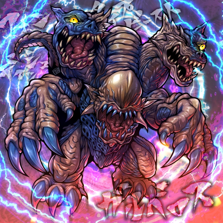 angry blue_skin character_name chibi claws colored_skin commentary_request dark_skin electricity full_body galberos highres kaiju levanshousa913 monster multicolored_skin multiple_heads open_mouth sharp_teeth standing tail teeth tokusatsu ultra_series ultraman_nexus_(series) yellow_eyes