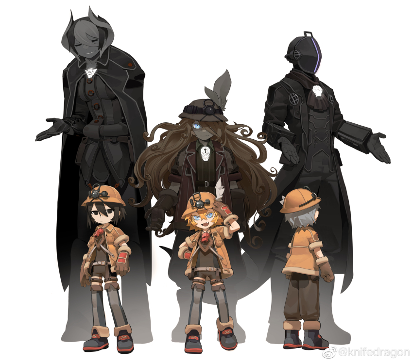 1boy 2girls :d :| =_= absurdres age_comparison aged_down arms_at_sides ascot belt black_eyes black_hair black_thighhighs blonde_hair blue_eyes bondrewd boots breast_pocket brown_gloves brown_jacket cape closed_mouth coat commentary_request covered_face crossed_bangs facing_away flashlight gloves glowing glowing_eyes grey_hair grin hair_between_eyes hair_over_one_eye hand_on_own_hip hand_up helmet highres hunched_over jacket jitome knifedragon long_hair long_sleeves looking_at_viewer lyza_(made_in_abyss) made_in_abyss mask multicolored_hair multiple_girls one_eye_covered open_clothes open_jacket open_mouth orange_hair outstretched_hand ozen pants pants_tucked_in pocket salute shoes short_hair short_jumpsuit short_sleeves simple_background smile thighhighs two-tone_hair watermark weibo_watermark whistle whistle_around_neck white_background