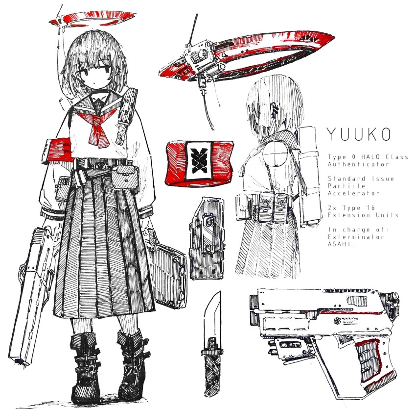 1girl absurdres armband bag boots choker dagger deadpan expressionless full_body gun halo highres holding holding_bag knife long_skirt looking_to_the_side mechanical_halo original sailor_collar science_fiction shiokaze1409 skirt solo spot_color standing weapon yuuko_(shiokaze1409)