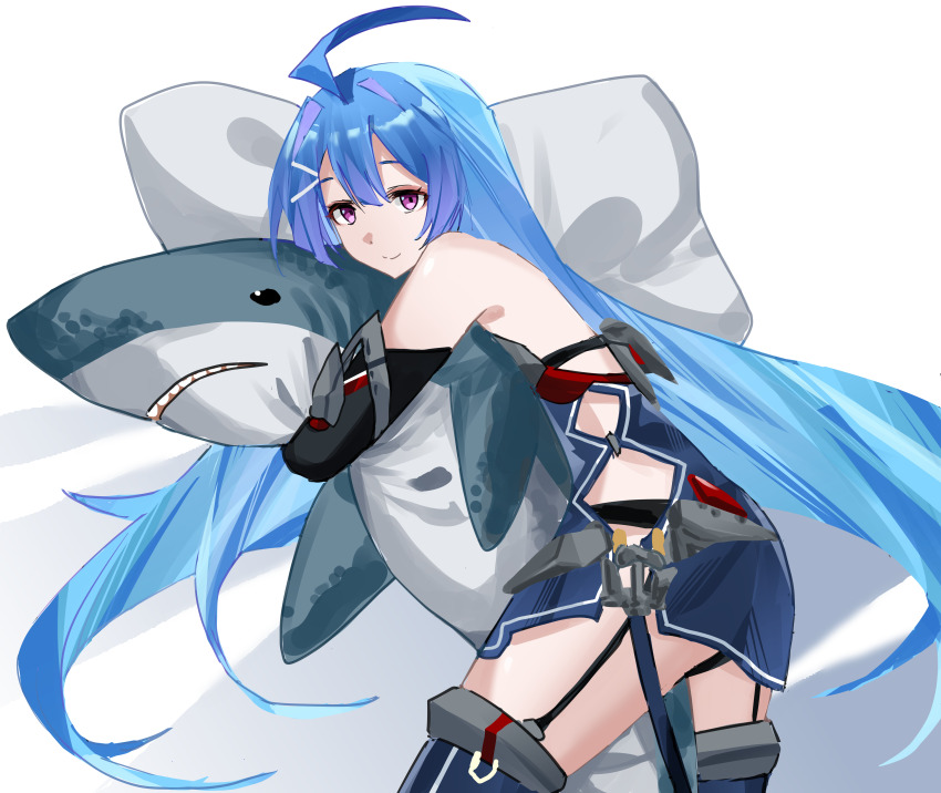 1girl absurdres ahoge azur_lane bare_shoulders blue_dress blue_hair blue_thighhighs commission cowboy_shot dress helena_(azur_lane) helena_(retrofit)_(azur_lane) highres hugging_object ikea_shark looking_at_viewer lying on_side pillow purple_eyes smile solo stuffed_animal stuffed_shark stuffed_toy thighhighs yazu_(zoddiacz)