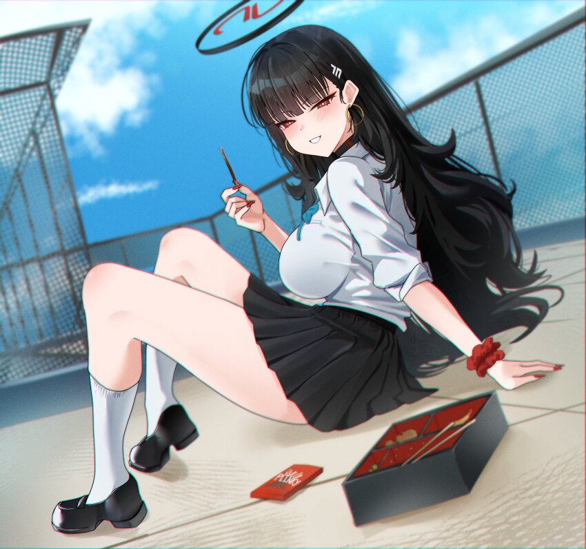 1girl absurdres alternate_costume bento black_choker black_footwear black_hair black_halo black_skirt blue_archive breasts bright_pupils choker earrings fluffy_hair food gyaru hair_ornament hairclip halo highres holding holding_food holding_pocky hoop_earrings jewelry large_breasts long_hair nail_polish panvyru pleated_skirt pocky red_eyes red_nails rio_(blue_archive) school_uniform scrunchie shirt sitting skirt smile socks solo thighs very_long_hair white_pupils white_shirt white_socks wrist_scrunchie