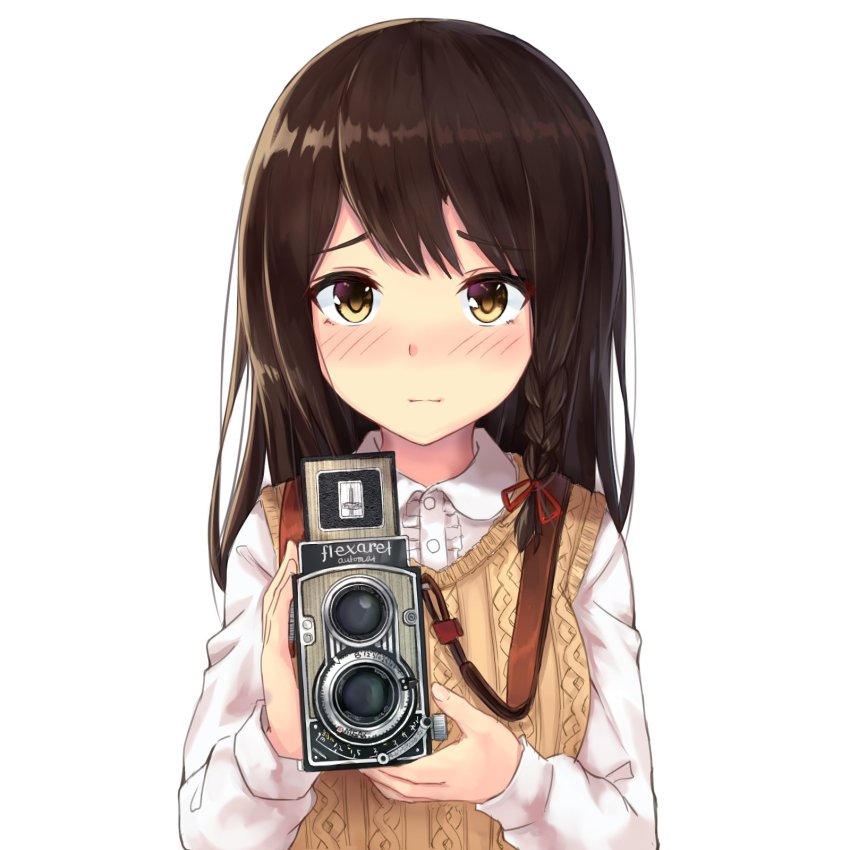 1girl aran_sweater blush braid breasts brown_eyes brown_hair cable_knit camera closed_mouth collared_shirt dress_shirt eyes_visible_through_hair female_focus frills hair_ornament hair_over_shoulder hair_ribbon highres holding holding_camera karo-chan lace lace-trimmed_shirt lace_trim long_hair long_sleeves looking_at_viewer medium_breasts original red_ribbon ribbon shirt side_braid sidelocks simple_background solo sweater sweater_vest swept_bangs tress_ribbon twin-lens_reflex_camera upper_body white_background white_shirt yellow_sweater