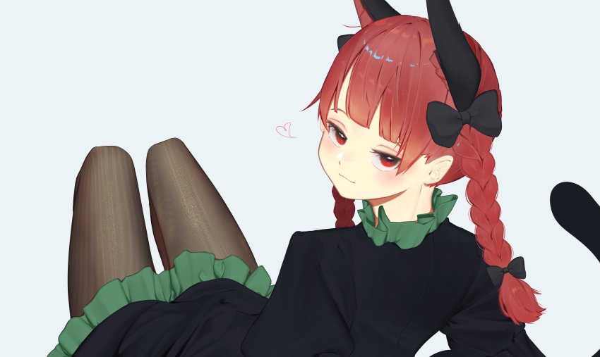 1girl :3 animal_ear_fluff animal_ears black_pantyhose blush bow braid cat_ears cat_tail dress extra_ears green_dress heart highres kaenbyou_rin kuromori_o looking_at_viewer pantyhose red_eyes red_hair simple_background smile smug solo spoken_heart tail touhou twin_braids