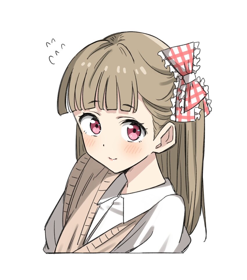1girl bien_(djpwjd1) blush bow brown_hair brown_sweater_vest center-flap_bangs closed_mouth collared_shirt commentary cropped_torso dress_shirt flying_sweatdrops frilled_bow frills gingham_bow hair_bow highres kachimachi_kosuzu link!_like!_love_live! long_hair looking_at_viewer love_live! one_side_up pink_eyes shirt simple_background smile solo straight_hair sweater_vest virtual_youtuber white_background white_shirt