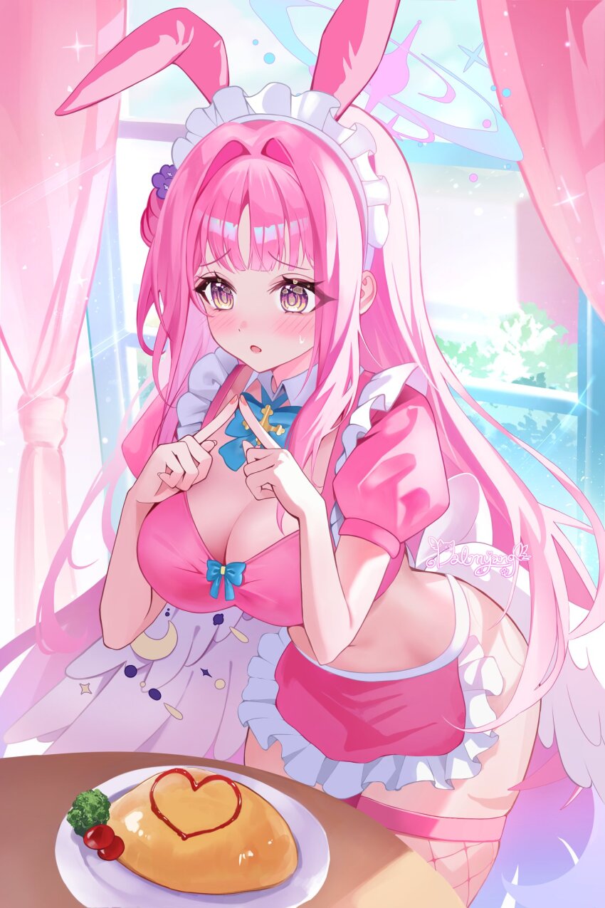 1girl alternate_costume angel_wings animal_ears blue_archive blue_bow blue_bowtie blush bow bowtie breasts cherry_tomato cleavage collar commentary_request curtains dalmyang detached_collar feathered_wings fingernails fishnet_thighhighs fishnets flower food hair_bun hair_flower hair_intakes hair_ornament halo highres huge_breasts index_finger_raised index_fingers_together leaning_forward long_hair low_wings maid maid_headdress midriff mika_(blue_archive) multicolored_eyes nail_polish navel omelet open_mouth pink_eyes pink_hair pink_halo pink_nails pink_shirt pink_skirt pink_thighhighs plate purple_flower rabbit_ears shirt shy signature single_side_bun skirt solo stomach sweatdrop tamagoyaki thighhighs thighs tomato two-tone_eyes white_collar white_wings window wings yellow_eyes