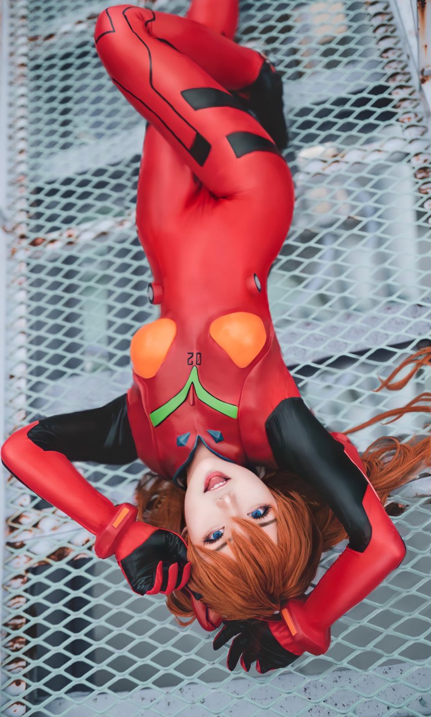 1girl blue_eyes cosplay female_focus highres mecha_pilot_suit neon_genesis_evangelion on_floor photo_(medium) plugsuit_(cosplay) plugsuit_(evangelion) souryuu_asuka_langley tagme