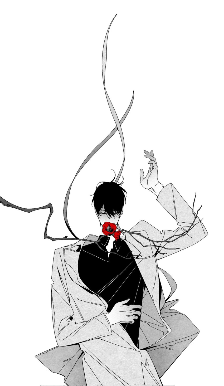 1boy benkdjjituibot black_hair black_shirt coat collared_shirt covered_mouth empty_eyes falling flower growing_out_of_body hair_between_eyes hand_on_own_stomach head_down highres kim_dokja male_focus omniscient_reader&#039;s_viewpoint outstretched_arm poppy_(flower) shirt short_hair solo spot_color white_background white_coat