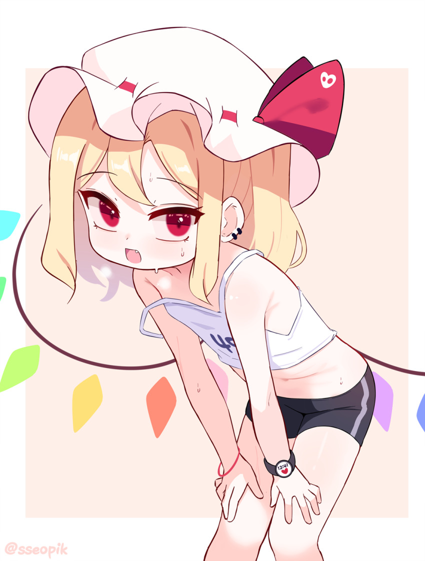 1girl bare_shoulders blonde_hair border commentary english_commentary fang flandre_scarlet gym_uniform hand_on_own_thigh highres loli looking_at_viewer open_mouth paid_reward_available red_eyes smartwatch solo sseopik sweat touhou watch white_border white_hair wristwatch