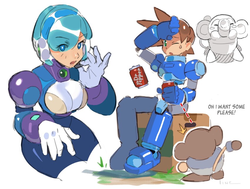1boy 1girl 1other android black_gloves blue_eyes blue_hair bodysuit box breasts brown_hair can cardboard_box cleavage cropped_legs data_(mega_man) dr_pepper drink_can eyes_visible_through_hair full_body gloves grass green_eyes hand_on_own_face headphones headset highres joints linesharkart mega_man:_maverick_hunter_x mega_man_(series) mega_man_legends_(series) mega_man_volnutt mega_man_x_(series) microphone monkey navigator_(mega_man) robot robot_joints sitting soda_can soil sweatdrop white_gloves