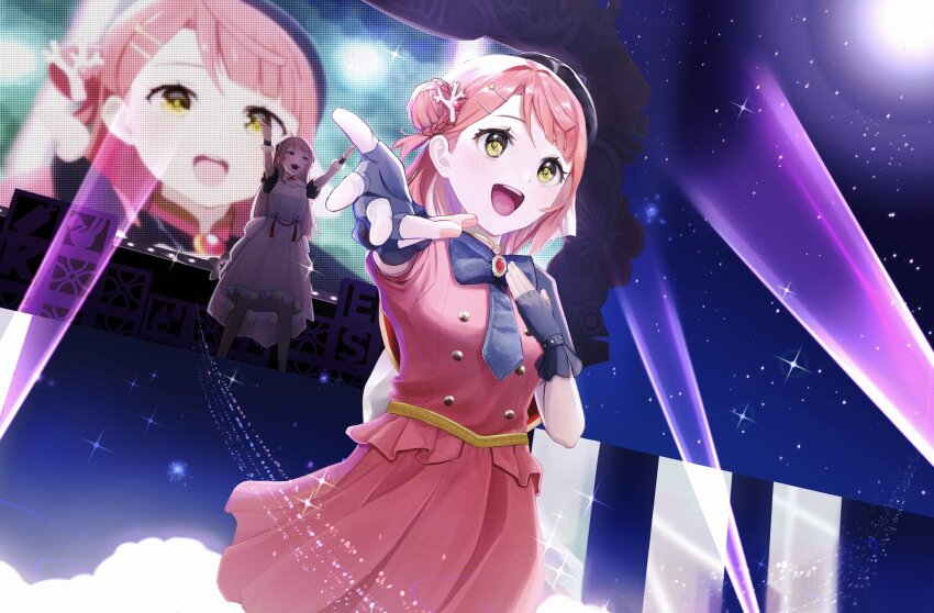 2girls :d ahoge black_capelet black_gloves blue_eyes blunt_bangs bun_with_braided_base buttons capelet commentary coral_hair_ornament double-breasted dress english_commentary fingerless_gloves foreshortening frilled_gloves frills gloves green_eyes hair_bun hair_ornament hairclip half_updo hand_on_own_chest highres light_particles long_hair looking_ahead love_live! love_live!_nijigasaki_high_school_idol_club love_live!_nijigasaki_high_school_idol_club_the_movie_-_finale medium_dress medium_hair memory_kosei miniskirt multiple_girls open_mouth outstretched_arm outstretched_arms outstretched_hand phoenix_(love_live!) pink_hair pink_shirt pink_skirt pleated_skirt screen_zoom shirt short_sleeves side_cape sidelocks single_side_bun skirt skirt_set smile sparkle stage stellar_stream_(love_live!) swept_bangs two_side_up uehara_ayumu white_dress zhong_lanzhu