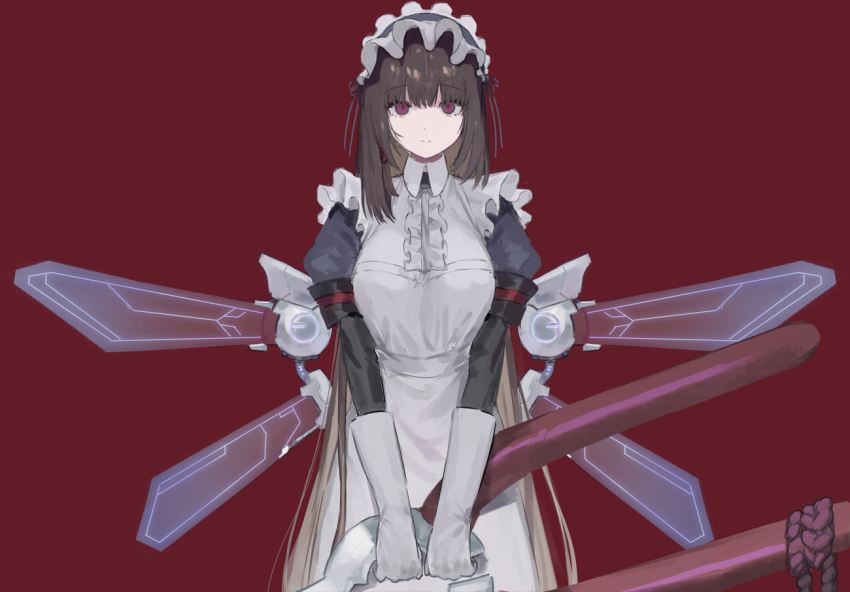 1girl breasts brown_hair closed_mouth dress frills gloves holding large_breasts last_origin long_hair looking_at_viewer maid maid_headdress mechanical_wings mel_(dodosae) oversized_object pliers red_background red_eyes scissors_lise simple_background solo upper_body very_long_hair white_dress white_gloves wings